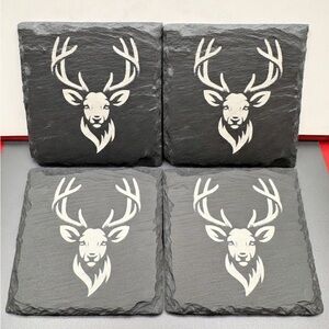 Slate Stag Coasters - Black Deer Slate Drink Coasters (Set of 4) Laser Engraved